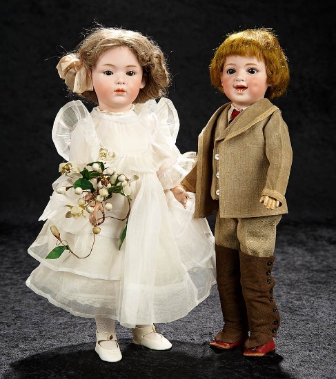 Pair, German Bisque Character dolls in Sunday Best Costumes, by Gebruder Heubach 2100/2900