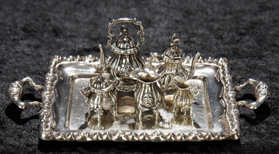 Ornate Miniature Silver Tea Service on Tray 300/500