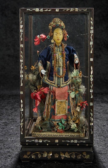 Rare Asian Poured Wax Lady Doll with Elaborate Silk Gown, Accessories and Cabinet 800/1200
