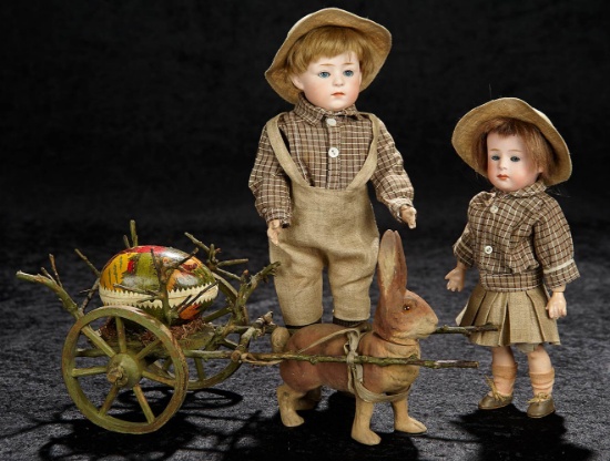 German Bisque Brother and Sister Dolls by Gebruder Heubach with Rare Glass Eyes  1200/1500