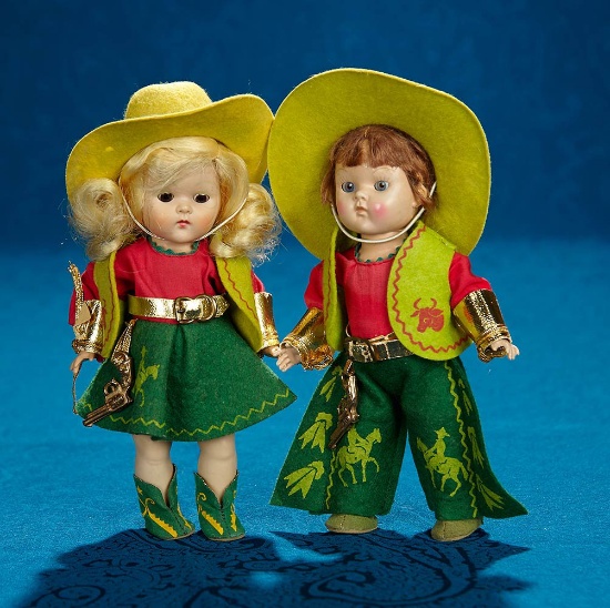 8" Pair, American Ginny Cowgirl and Cowboy by Vogue in original costumes, near mint. $500/700