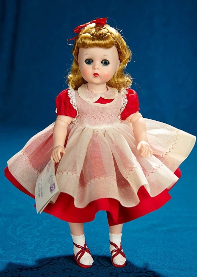 12" "Lissy" by Alexander in red cotton dress with pinafore, original box, near mint. $400/500