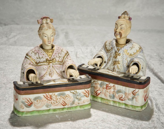 9" Pair,Rare German bisque Asian couple, double nodding movements of head and hands. $600/900