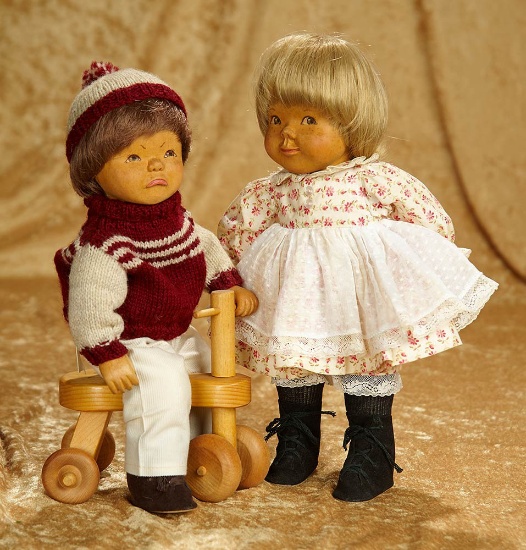 Pair, 12" Wooden dolls "Estelle" and "Barry" by June and Bob Beckett, one of a kind. $400/600