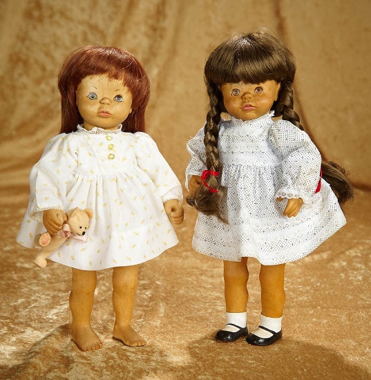 Pair, 12" Wooden dolls "Hannah" and "Julie Ann" June Beckett, one of a kind, early 1980s. $400/600