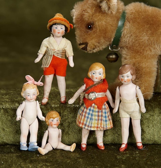 Five 2"-3" German all-bisque miniature flapper dolls by Hertwig. $200/300