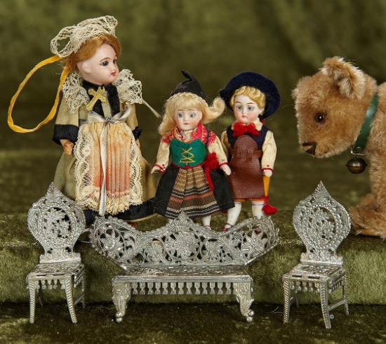 Trio of 3 1/2"-5"  little dolls in folklore costumes along with set of furnishings. $$300/500