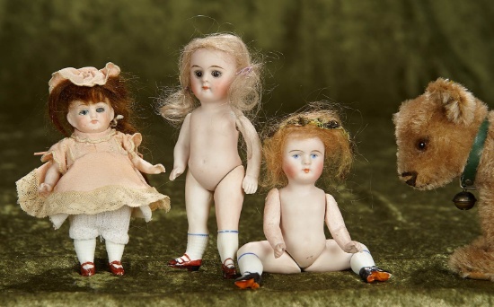 4 1/2" - 5" Three German all-bisque miniature dolls, including rare bent knee model. $300/400