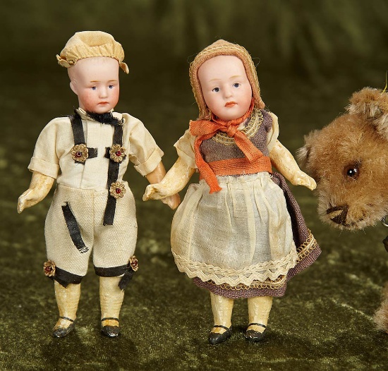 5" Pair, German bisque pouty characters by Gebruder Heubach, original folklore costumes. $400/500
