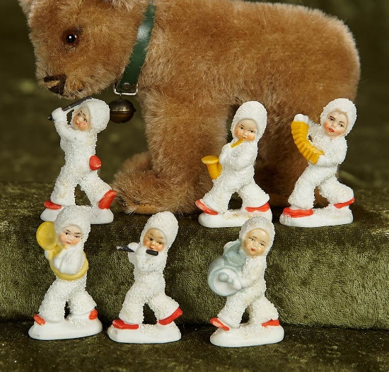 Set of six 2" German bisque snow children as musicians. $200/300