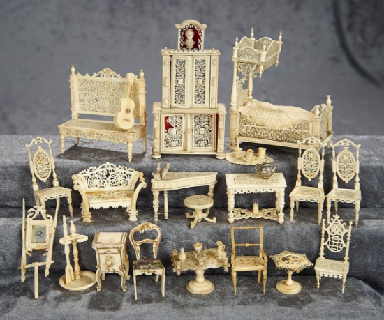 4"h. bed. Large lot of miniature carved bone furniture of mid-1800s. $600/800