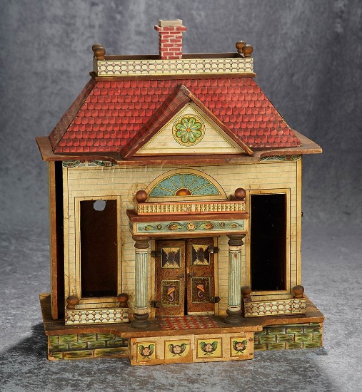 20"h.  Wooden Dollhouse with elaborate lithographed architectural details. $600/900