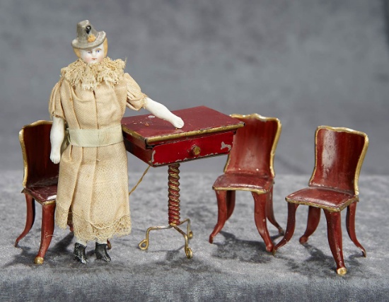 5" German bisque dollhouse doll with rare sculpted hat, and early painted tin furnishings. $400/600