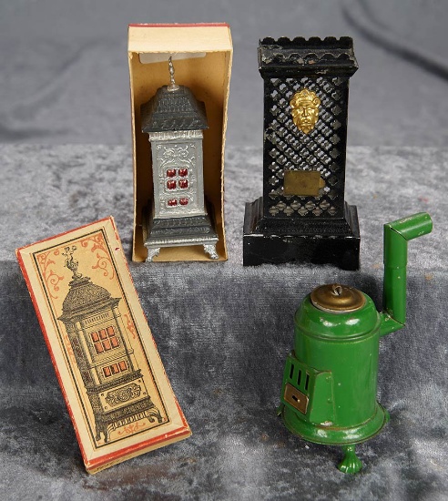 5"h. black stove, Three 19th century parlor stoves for dollhouses, one in original box. $400/500