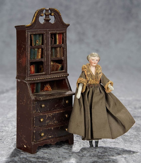 8" Heavy Cast-Iron Secretary Desk and German bisque dollhouse Grandma. $300/500