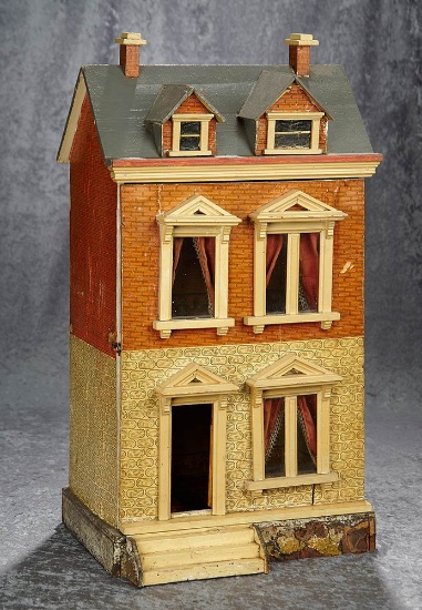25"h. German wooden dollhouse with lithographed paper walls. $600/900