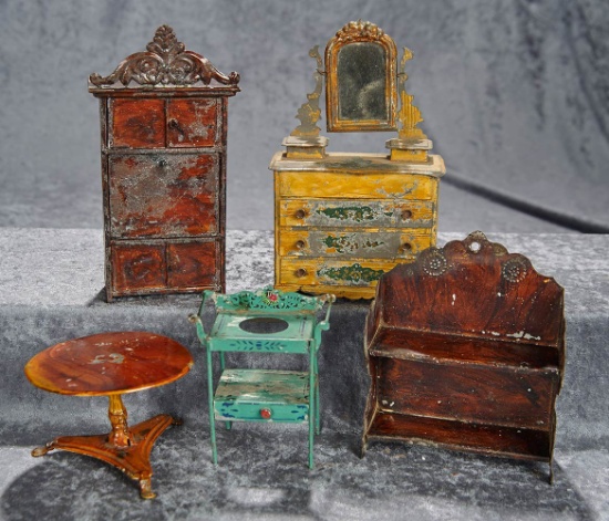 Lot of rare early German painted tin dollhouse furnishings, 4"-7". $400/500