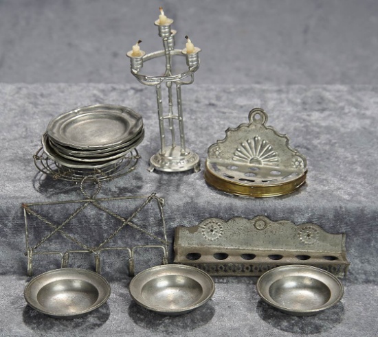 4" candlestand. Collection of pewter and tin dollhouse accessories. $350/500