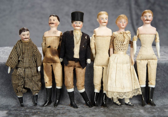 6"-7" Six German bisque dollhouse dolls including five moustachioed gentleman. $500/700