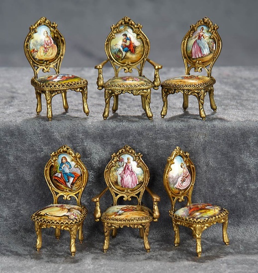 2 1/5"h. Set of six Austrian bronze and enamel chairs in the Louis XVI style. $400/500