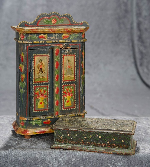 9" Early German cupboard, hand-painted designs, original contents, early blanket chest. $800/1100