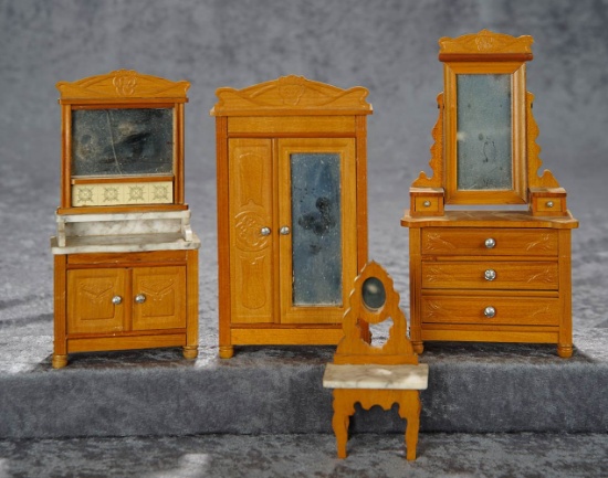 7" armoire. Four German maple wood doll furnishing with rare embossed designs. $300/400