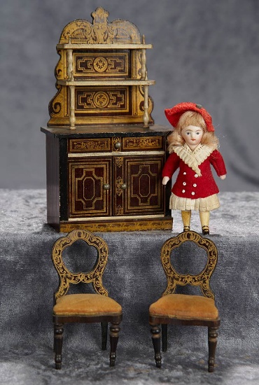 7" Buffet.German wooden Walterhausen doll furnishings, all-bisque doll, original costume. $350/500