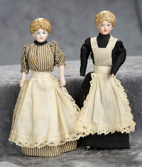 Two 6" German bisque dollhouse ladies in original costumes. $400/600