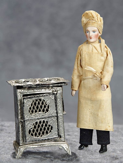 5" German bisque dollhouse man as chef, with tin stove. $300/400