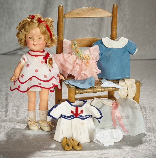 13" American composition "Shirley Temple" by ideal with original box and extra costumes. $400/600