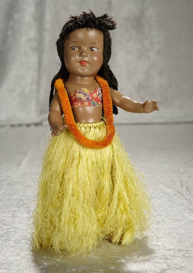 13" American brown complexioned Shirley Temple in Hawaiian costume. $400/500