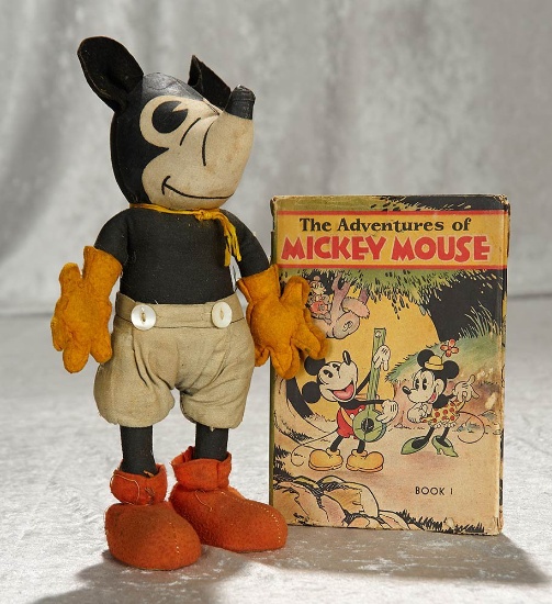 12" with ears. Early cloth Mickey Mouse, 1931 book "The Adventures of Mickey Mouse". $300/500