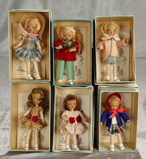 Five 4" dolls in original boxes by "Tiny Town Dolls" of California, $300/400