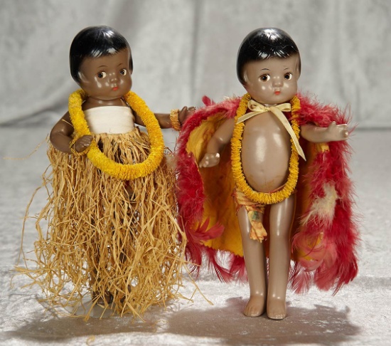 9", Pair American brown complexioned Patsyette dolls in original Hawaiian costumes. $500/800