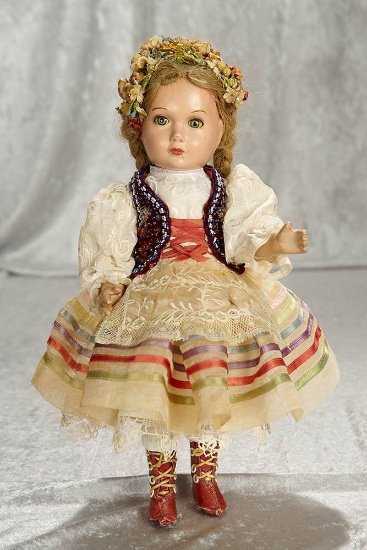 14" American composition doll in elaborate folklore costume. $300/400