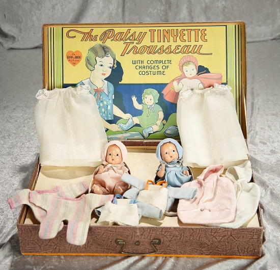 Pair, American composition Patsy Tinyette babies in labeled box with trousseau. $350/550