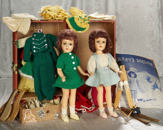 Two 14" American composition Mary Hoyer dolls with trunk and extensive costumes. $400/500