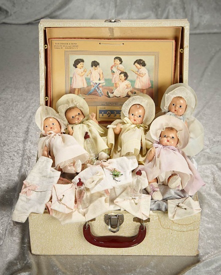 Set, 8" American composition Dionne Quintuplets by Effanbee with case and costumes. $600/900