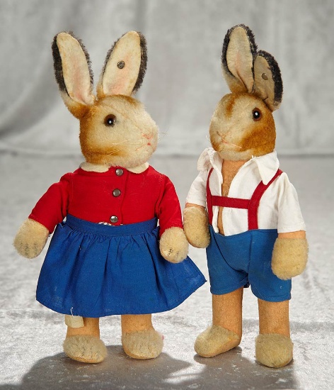 Pair, 10" German mohair costumed bunnies by Steiff with buttons in ears. $500/700