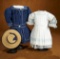 Two Blue and White Cotton Dresses with Pinafore and Straw Bonnet for 22
