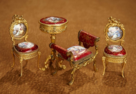 Viennese Four Piece Enamel Miniature Furnishing with Rare Red Color Theme 600/900