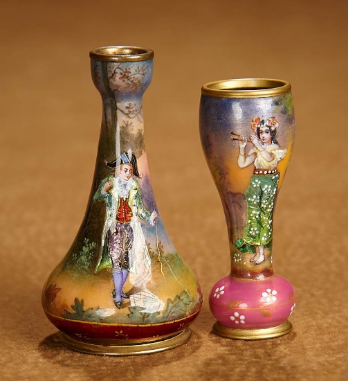 Two Viennese Miniature Enamel Vases with Hand-Painted Scenes 400/600