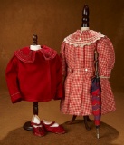 French Checkered Dress, with Red Jacket, Parasol and Signed Jumeau Shoes 600/900