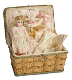 Petite German Bisque Doll, 949, by Simon and Halbig in Woven Basket with Accessories 900/1300