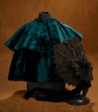 French Emerald Green Velvet Cape and Black Velvet Feathered Bonnet for 20