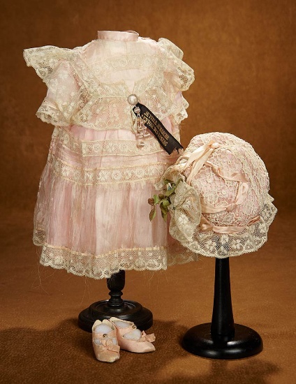 French Rose Silk Costume with Bonnet and Signed Paris Bebe Shoes for Jumeau, Size 8 1200/1600