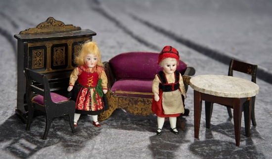 4" Pair, German all-bisque miniature dolls and set of Walterhausen dollhouse furnishings. $400/600