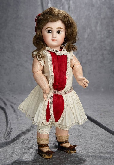 17" French bisque brown-eyed bebe, size 7, Jumeau, original signed body, signed shoes. $2400/2800