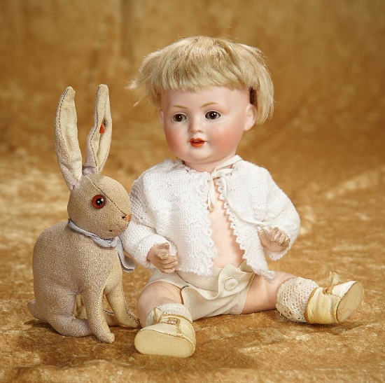 9" German bisque character by Bahr and Proschild with early Steiff bunny. $800/1200