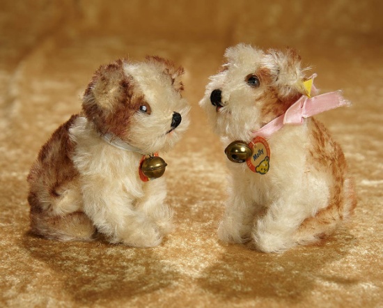 Pair, 4" German mohair "Molly" dogs by Steiff with original labels, 1930s. $600/800